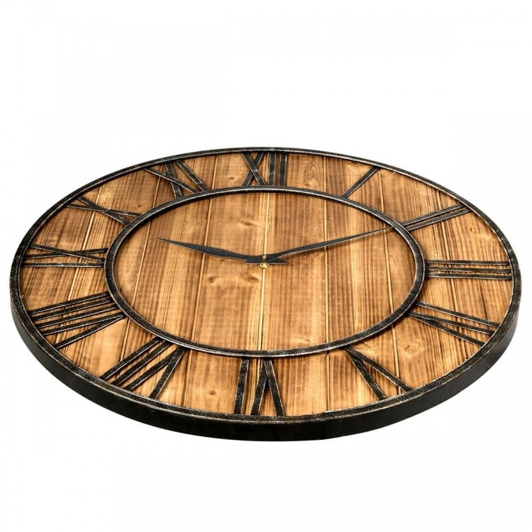 Horloge murale ronde de 30 pouces, horloge décorative silencieuse en bois avec pile - Marron