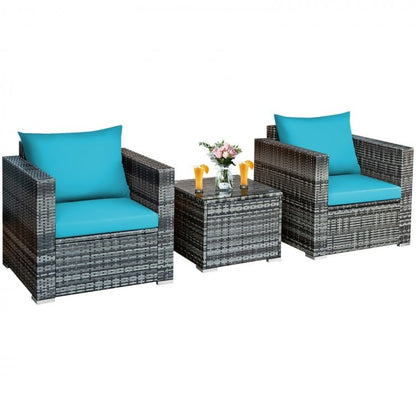 3 Pieces Patio Rattan Furniture Bistro Sofa Set with Cushioned