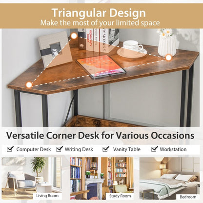 Triangle Computer Corner Desk with Charging Station-Rustic Brown