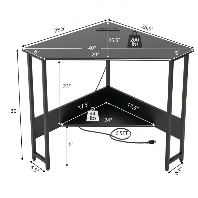 Triangle Computer Corner Desk with Charging Station-Black