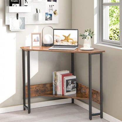 Triangle Computer Corner Desk with Charging Station-Rustic Brown