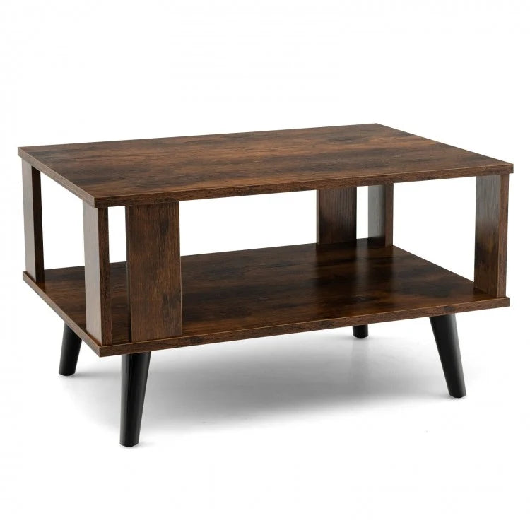 Compact Retro Mid-Century Coffee Table with Storage Open Shelf-Rustic Brown