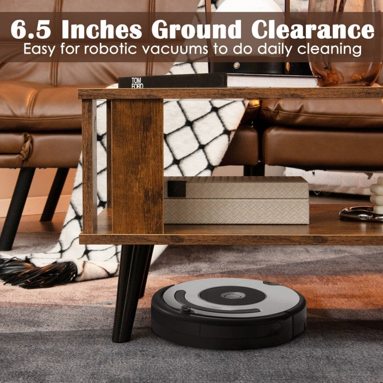 Compact Retro Mid-Century Coffee Table with Storage Open Shelf-Rustic Brown