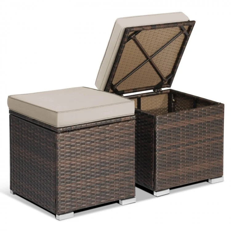 2 Pieces Patio Ottoman with Removable Cushions-Brown