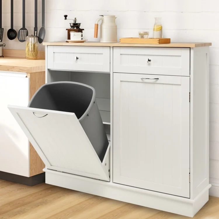 Rubber Wood Kitchen Trash Cabinet with Single Trash Can Holder and Adjustable Shelf-White