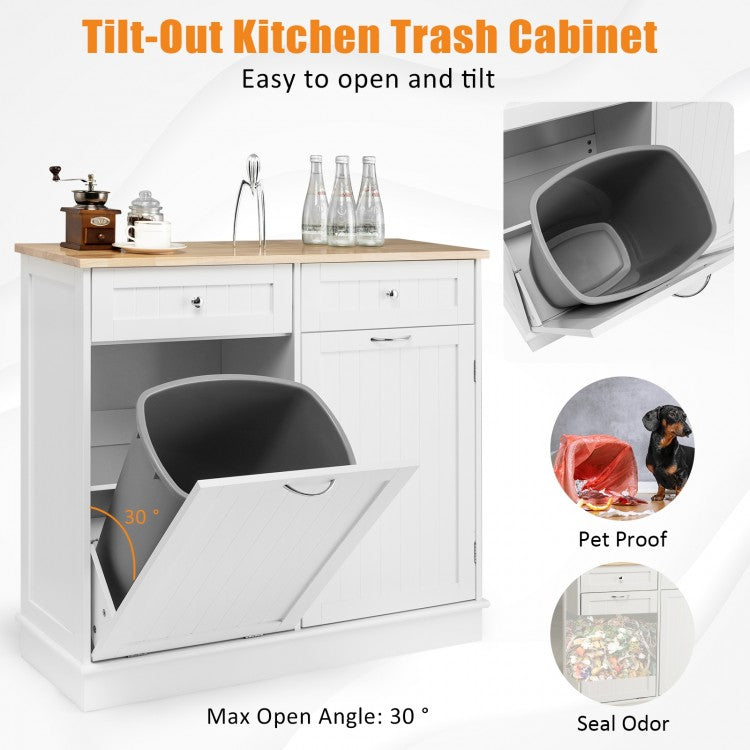 Rubber Wood Kitchen Trash Cabinet with Single Trash Can Holder and Adjustable Shelf-White