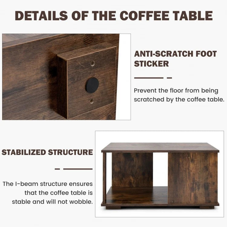 2 Tiers Square Coffee Table with Storage and Non-Slip Foot Pads-Rustic Brown