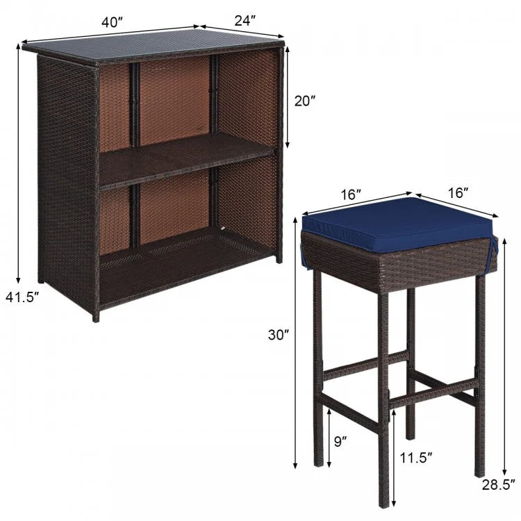 Ensemble de 3 tabourets de bar et de salle à manger en rotin pour patio