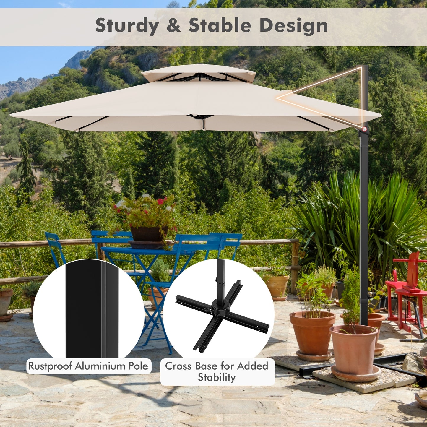 Parasol de patio en porte-à-faux de 9,5 pieds avec rotation à 360°