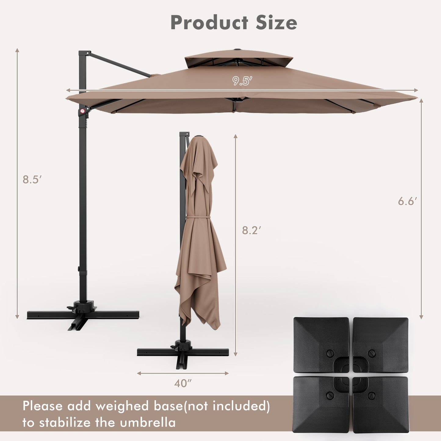 9.5 Feet Cantilever Patio Umbrella with 360° Rotation