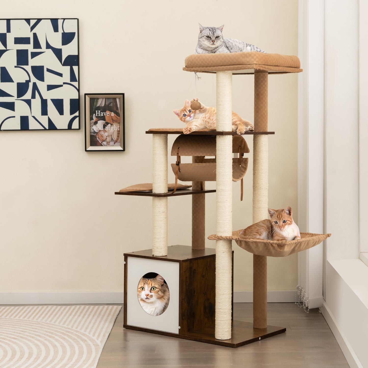 53 Inch Cat Tree with Condo and Swing Tunnel