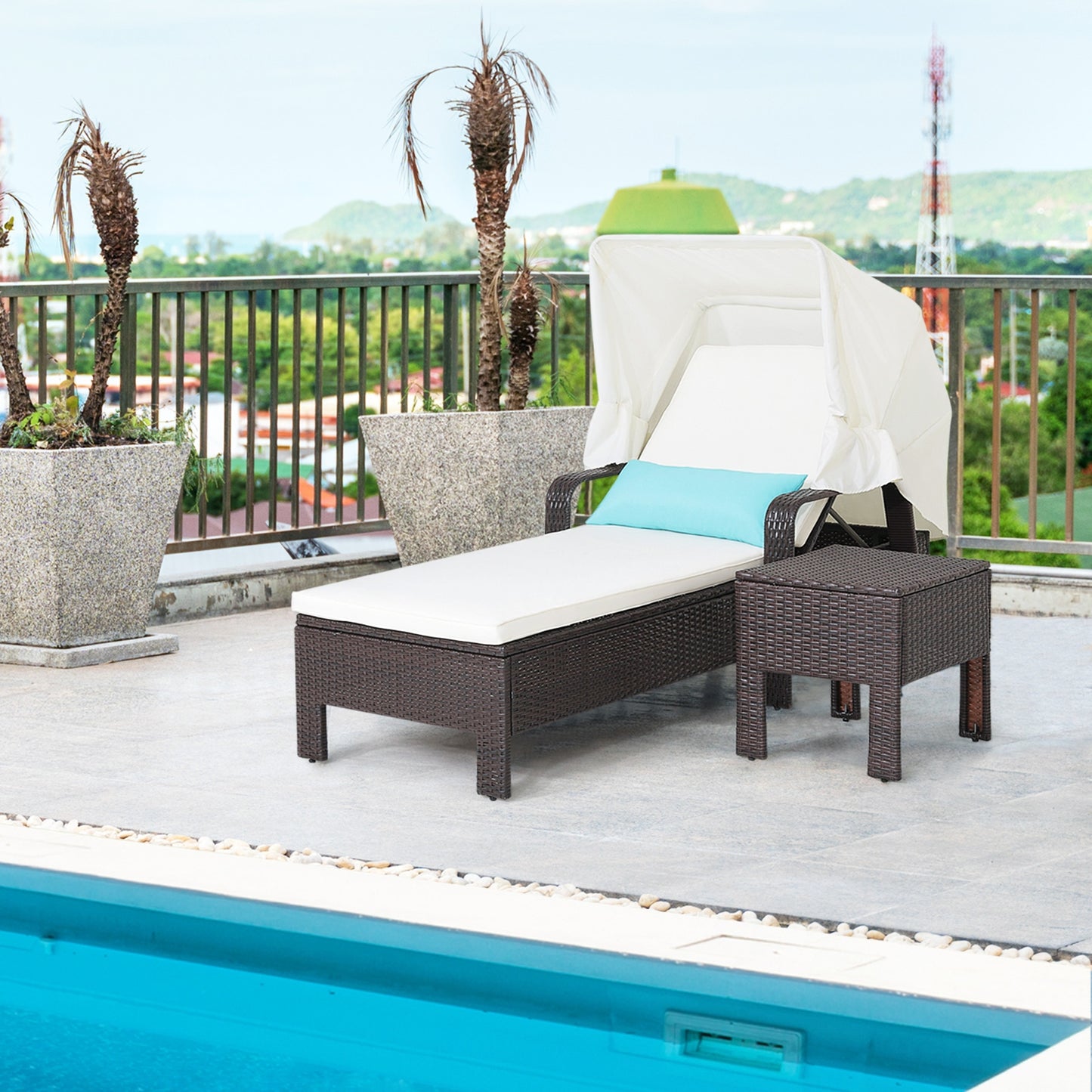 Outdoor Chaise Lounge Chair and Table Set with Folding Canopy and Armrests