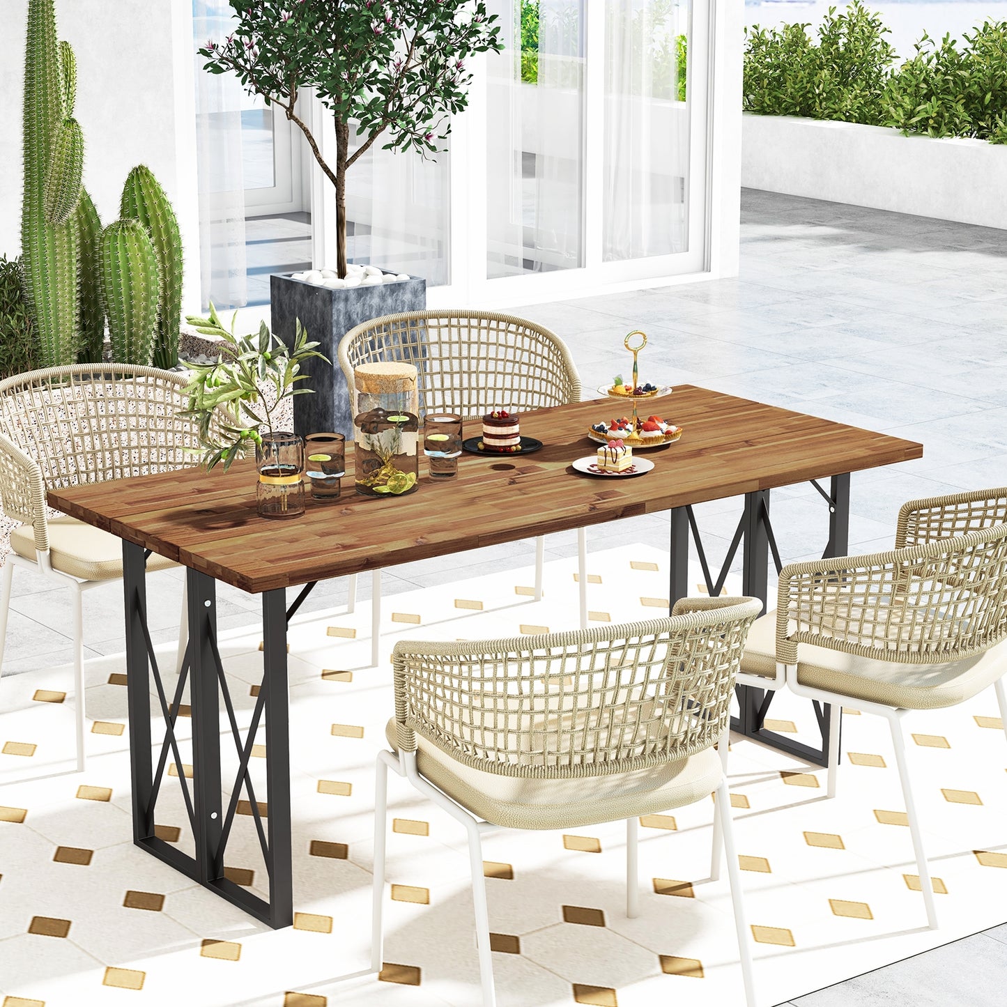 Table à manger rectangulaire en bois d'acacia de 67 pouces avec trou pour parasol