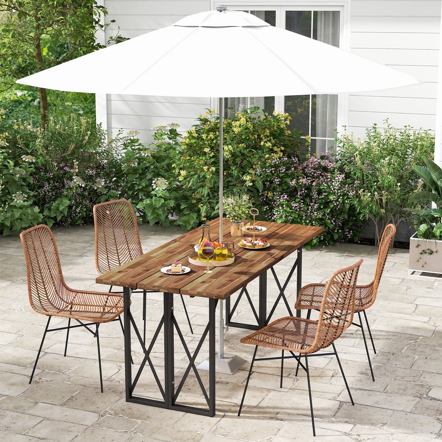 67 Inch Patio Rectangle Acacia Wood Dining Table with Umbrella Hole