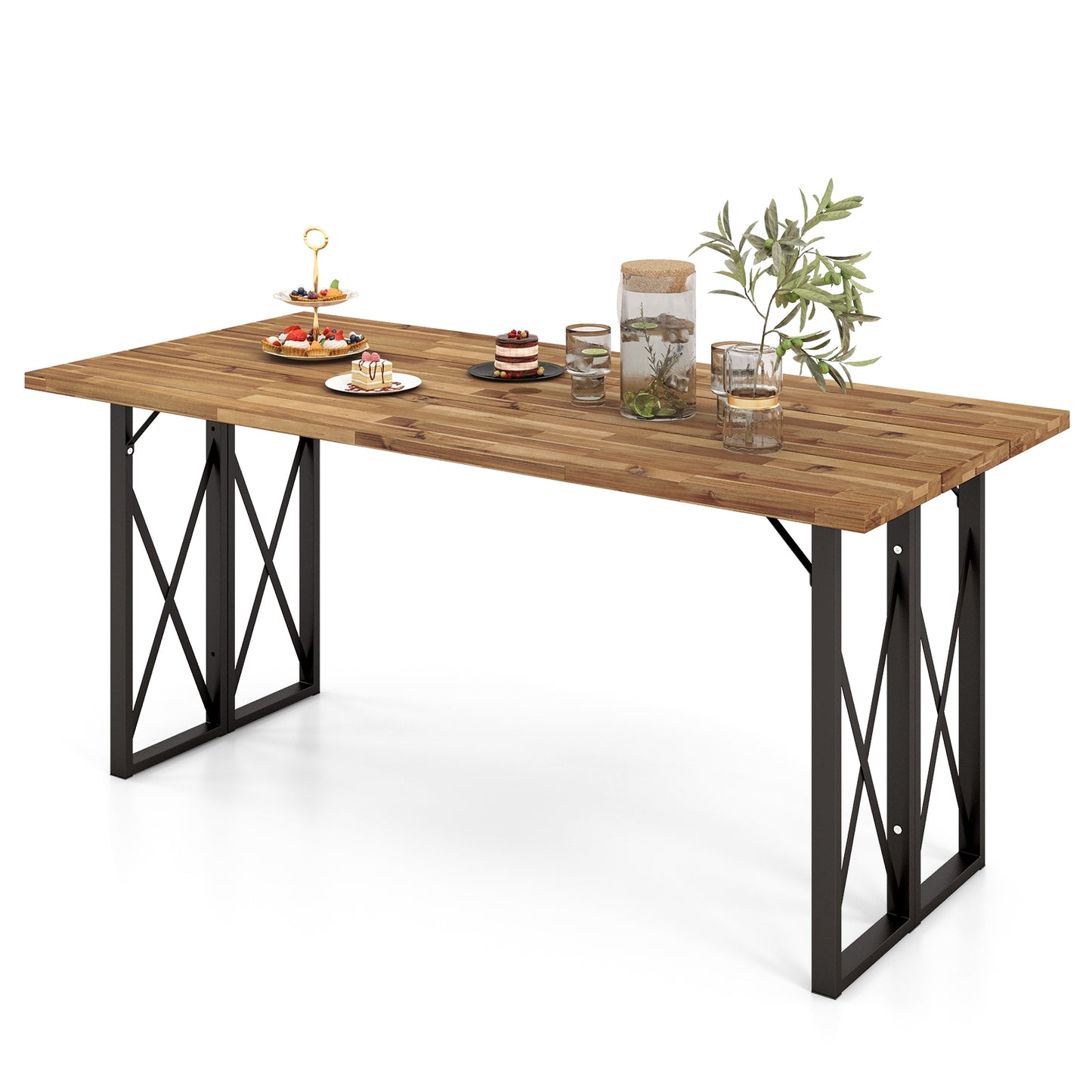 Table à manger rectangulaire en bois d'acacia de 67 pouces avec trou pour parasol