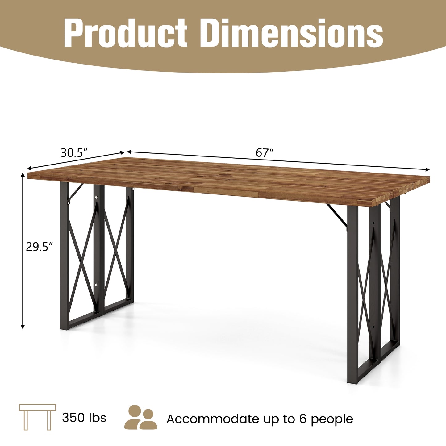 Table à manger rectangulaire en bois d'acacia de 67 pouces avec trou pour parasol