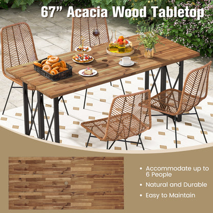 Table à manger rectangulaire en bois d'acacia de 67 pouces avec trou pour parasol