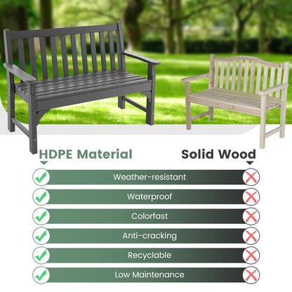 Banc de jardin toutes saisons en PEHD pour 2 personnes avec dossier et accoudoirs - Gris