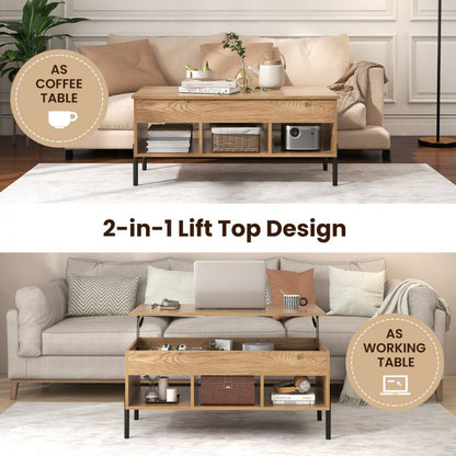 Living Room Central Table with Lifting Tabletop and Metal Legs-Natural