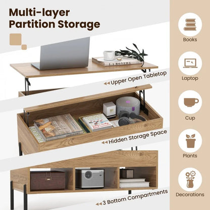 Living Room Central Table with Lifting Tabletop and Metal Legs-Natural