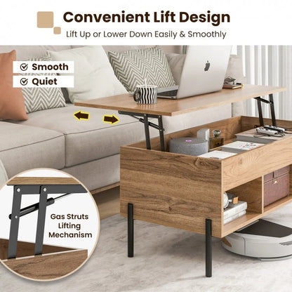 Living Room Central Table with Lifting Tabletop and Metal Legs-Natural