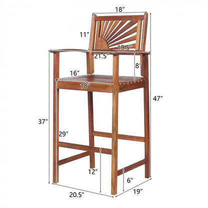 Lot de 2 chaises de bar d'extérieur en bois d'acacia avec dossier et accoudoirs en tournesol