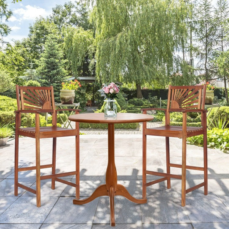 Lot de 2 chaises de bar d'extérieur en bois d'acacia avec dossier et accoudoirs en tournesol