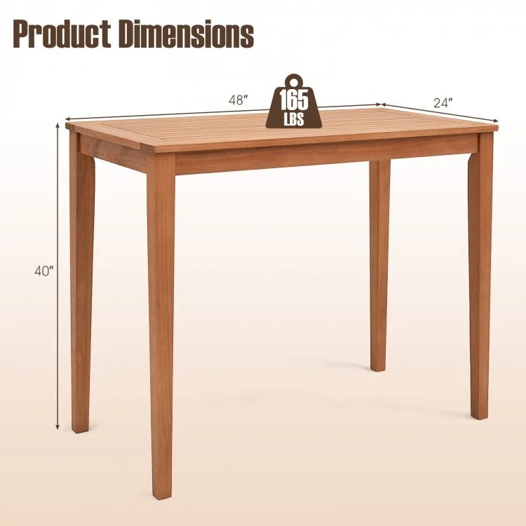 Table de bar rectangulaire d'extérieur en bois d'eucalyptus de 48 pouces x 24 pouces pour 4 personnes