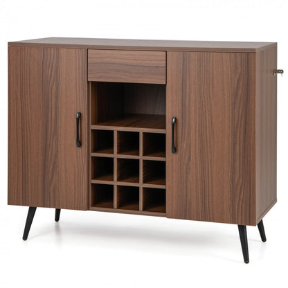 Mid-century Modern Buffet Sideboard Server Cabinet with 9-Bottle Wine Rack-Walnut