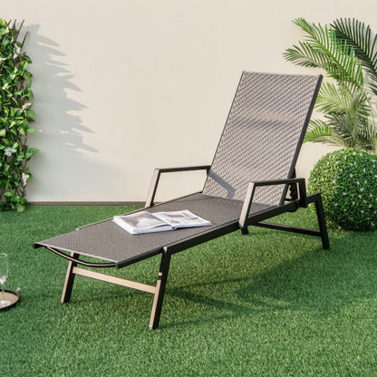 Outdoor Rattan Chaise Lounge Reclining Chair with Armrests and 5-Position Backrest-Brown