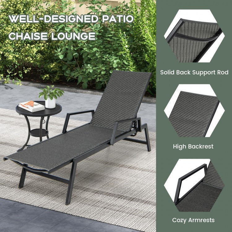 Outdoor Rattan Chaise Lounge Reclining Chair with Armrests and 5-Position Backrest-Brown