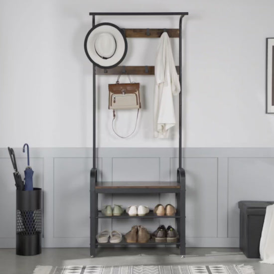 Coat Rack with Bench, Conquer Clutter with the 4-in-1 Hall Tree.