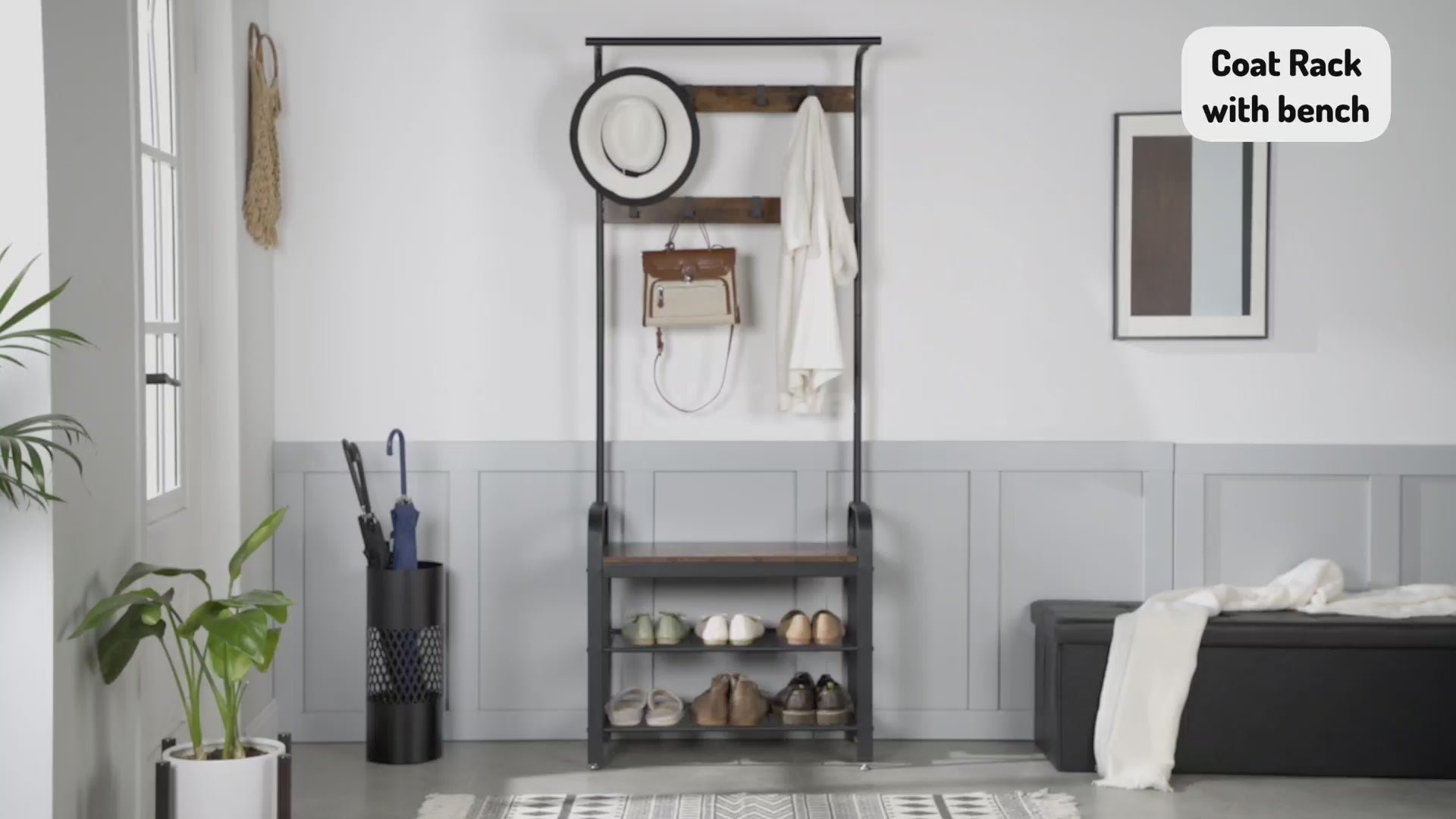 Coat Rack with Bench, Conquer Clutter with the 4-in-1 Hall Tree.