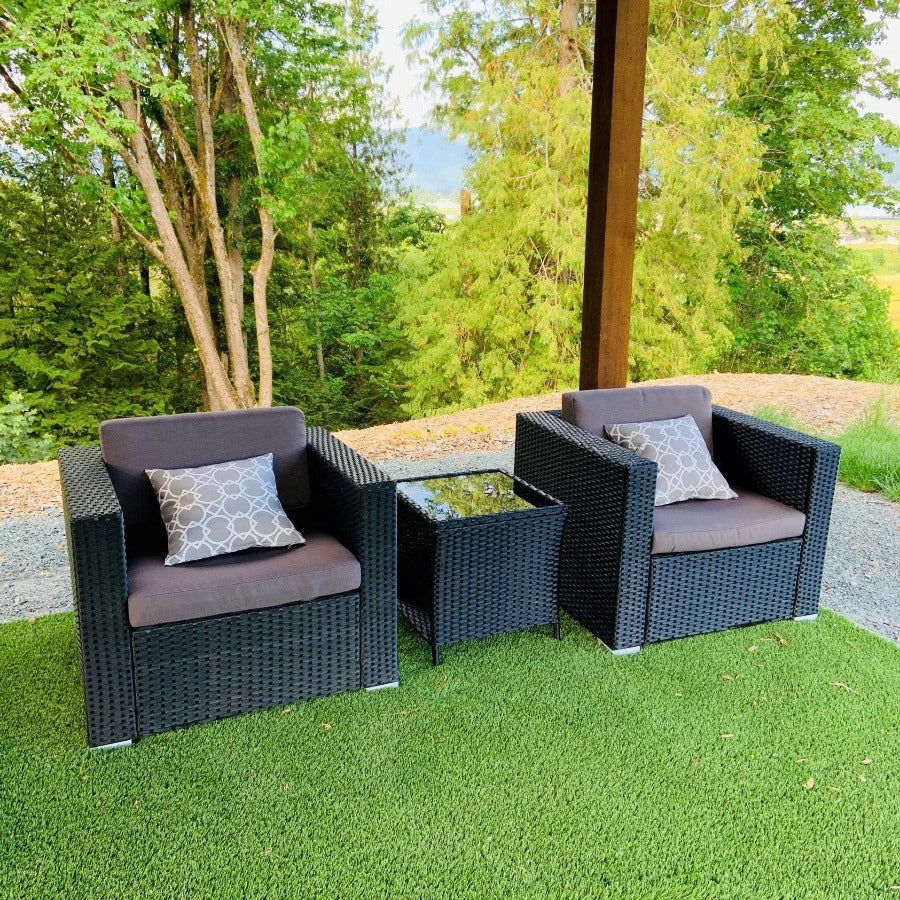 3 Piece Wicker Patio Set, 3-Piece Outdoor Set, Club Chairs and Tempered Glass Coffee Table